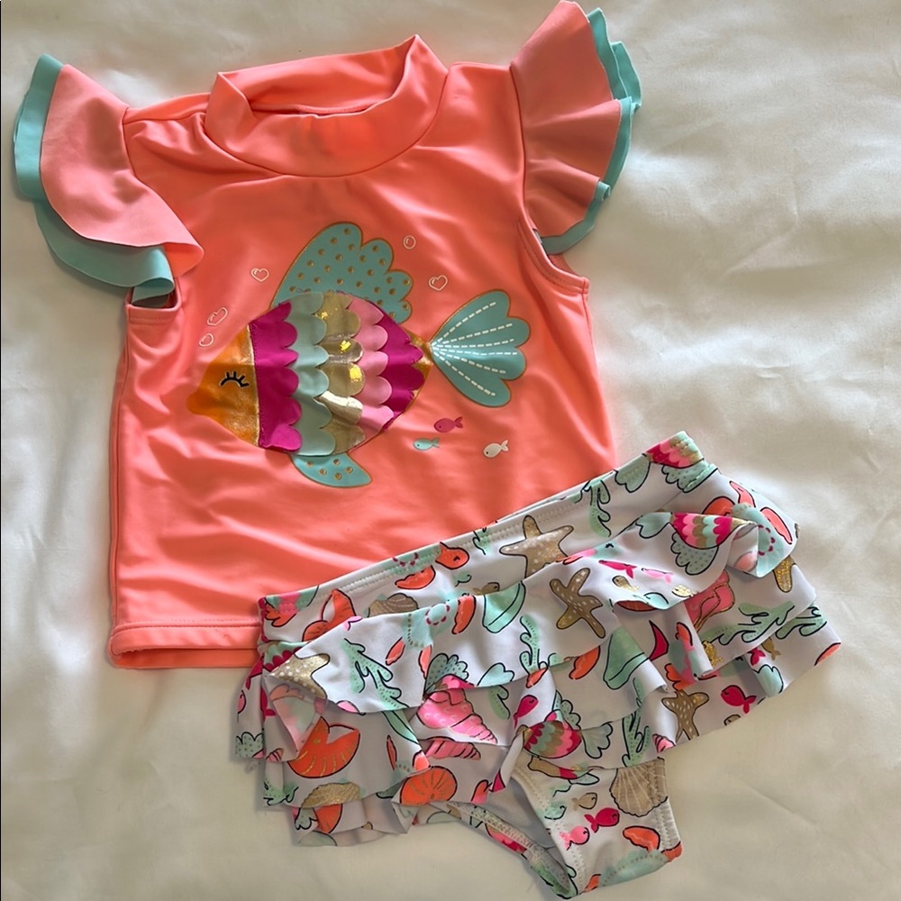 Coral and turquoise fish and coral print Rashguard Swim Set Girls 2T